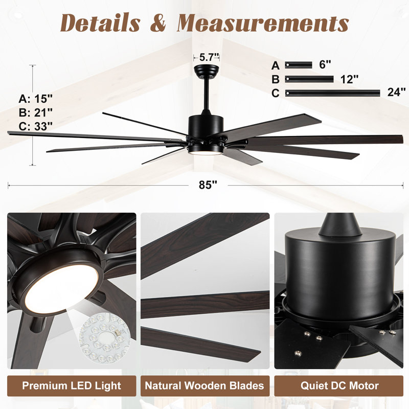 85" 8-blade Led Standard Ceiling Fan With Remote Control Farmhouse Ceiling Fan With Light Kit Included