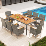 9 Pcs Patio Dining Set For 8 Table And Pe Rattan Chairs With 2" Umbrella Hole White