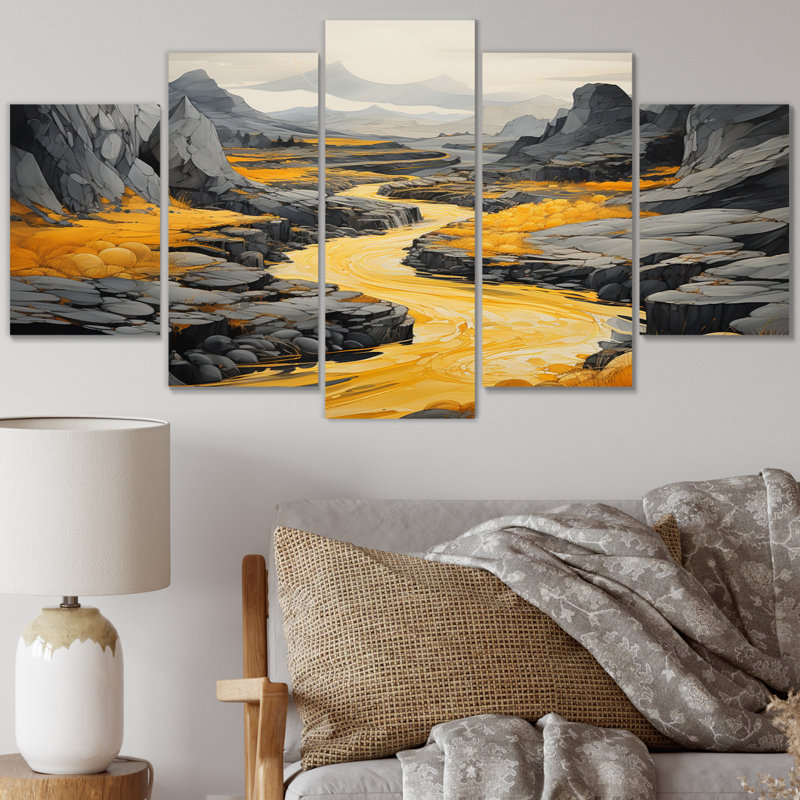 Route à travers la montagne jaune - impression sur toile de paysages - 5 panneaux