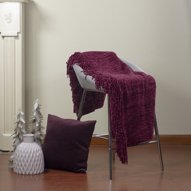 Jeté en chenille pelucheux bourgogne rouge avec frange 50 po x 60 po
