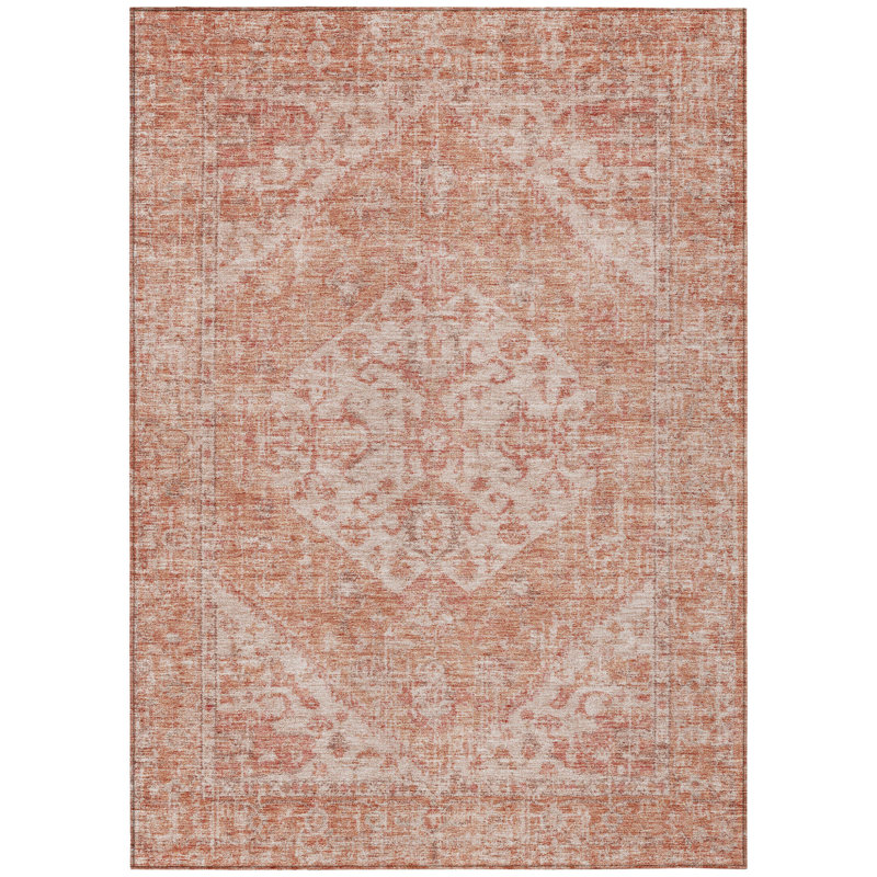 3' X 5' Coral And Pink Oriental Washable Indoor Outdoor Area Rug