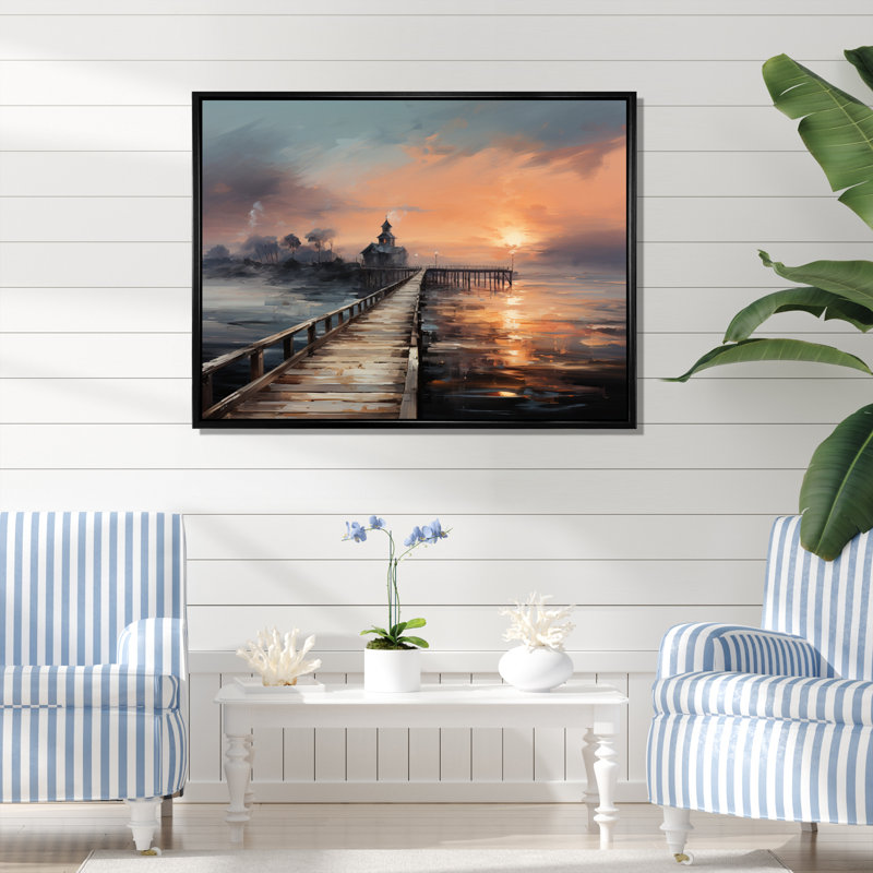 Pier Misty Morning Pier II - Coastal Pier Wall Art Prints, Cadre flottant noir, H 34 po x l 44 po x P 1,5 po