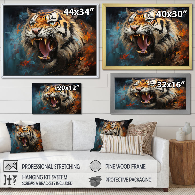 Tiger Roaring Majesty Collage II - Animals Canvas Art Print, Encadrement doré, H 24 po x l 32 po x P 1 po