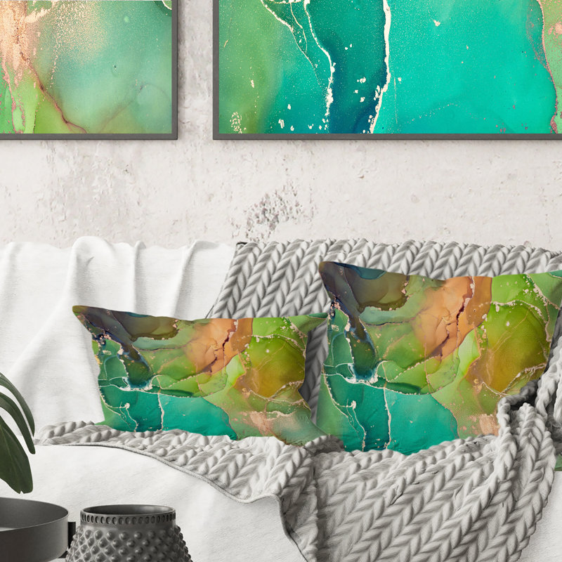Marbre vert et turquoise abstrait - Coussin décoratif imprimé moderne, 18 po x 18 po