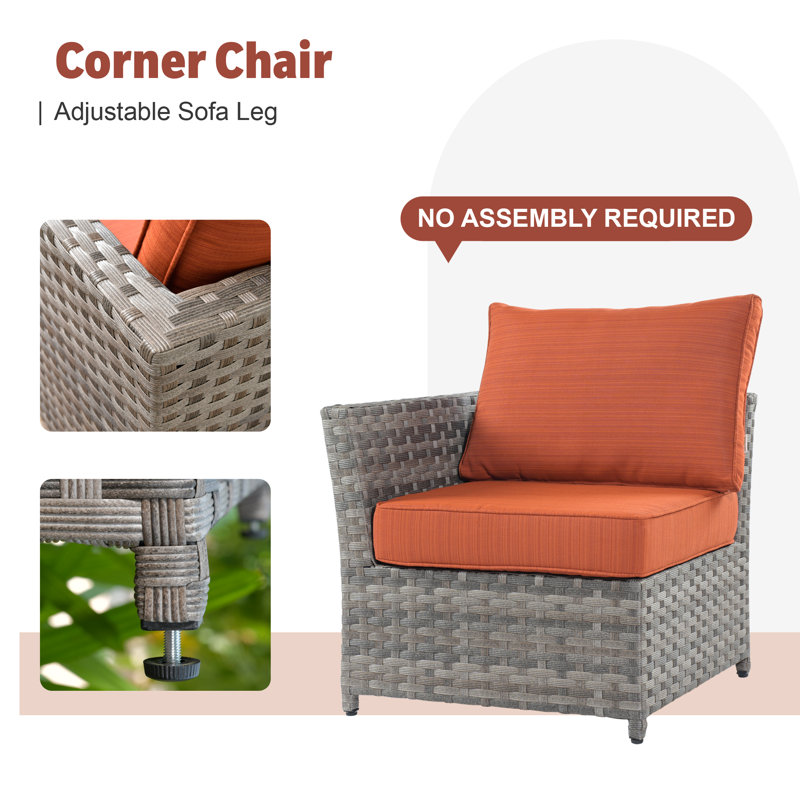Causeuse modulaire en osier avec coussins et table basse sans assemblage requis, Orange