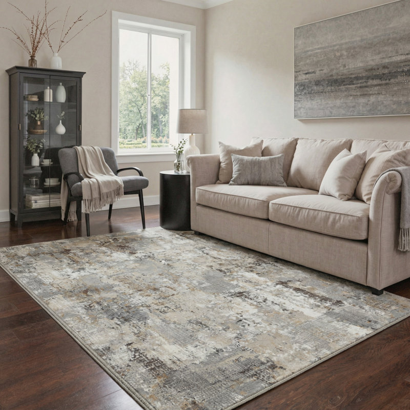 Ebon Abstract Machine Washable Grey / Brown Indoor Area Rug with Non-Slip Backing, Rectangle 6' x 9'