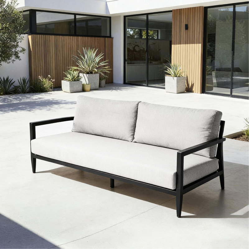 Banc d'extérieur moderne avec structure en aluminium, revêtement noir Ember, coussins confortables, conception ergonomique pour les pieds fuselés