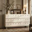 Commode ivoire de 60 pouces à 6 tiroirs avec façade ondulée, meuble télé moderne et armoire de rangement pour chambre à coucher