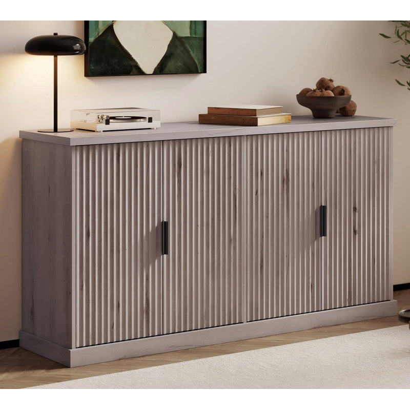 58.3"W Buffet Cabinet, Sideboard, Console Cabinet With Adjustable Shelves, Fluted Doors, Gray