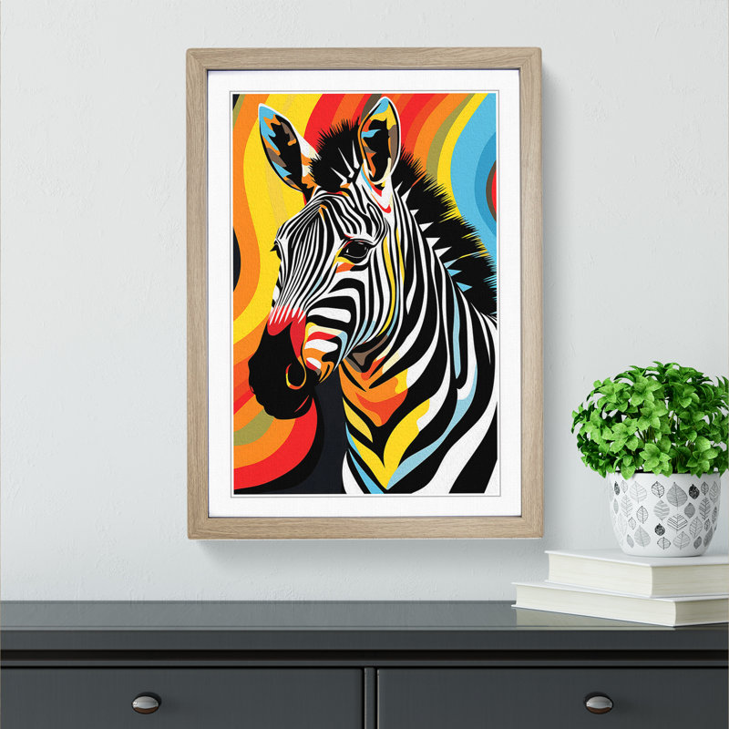 Zebra Art Deco - Single Picture Frame Print on Wood, 34cm H x 25cm W x 2cm D, Oak