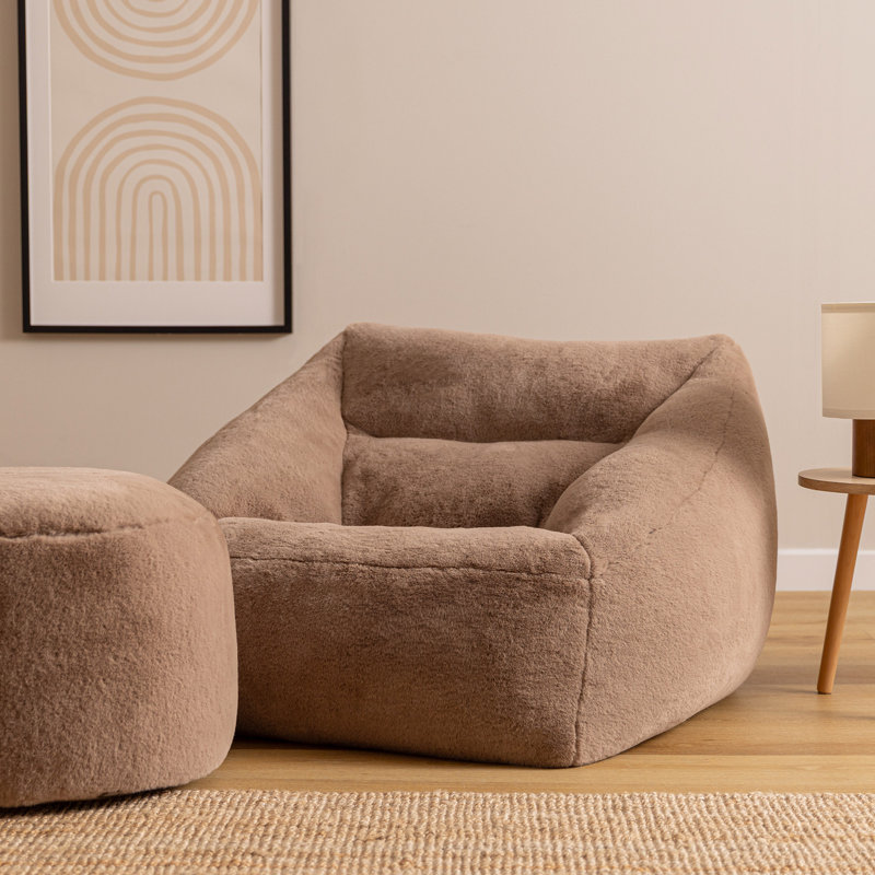 Natalia Faux Rabbit Fur Classic Bean Bag and Round Footstool, Brown