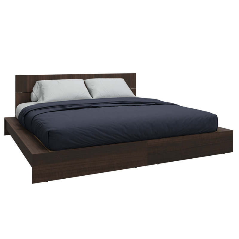 ZEN OMEGA - Lit plateforme avec tête de lit - Assemblage facile, aucun sommier requis, Très grand lit, Noyer