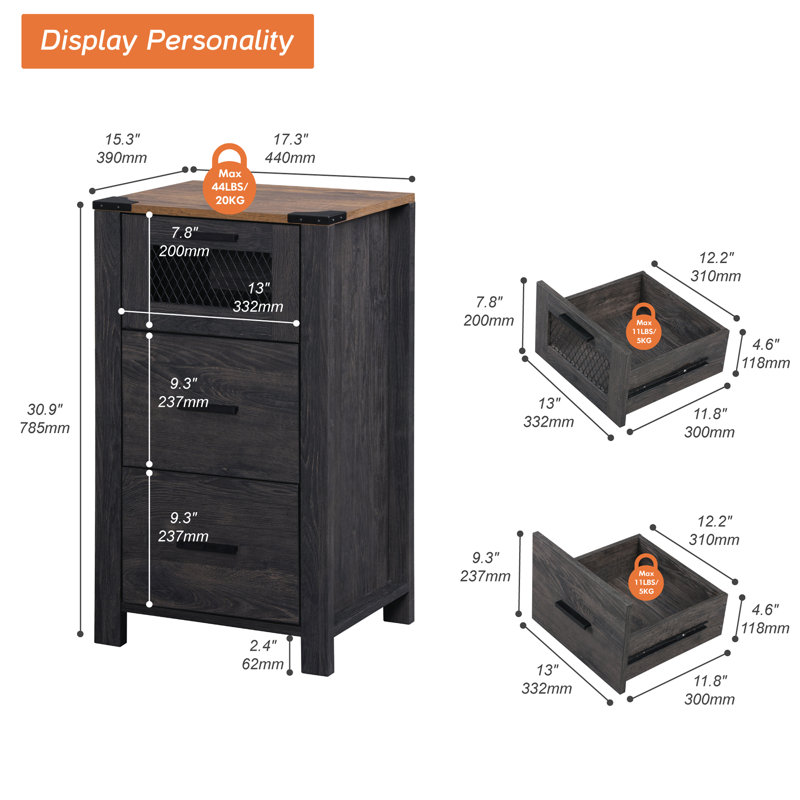 Vita 3 - Drawer End Table Set, Black, Light Brown