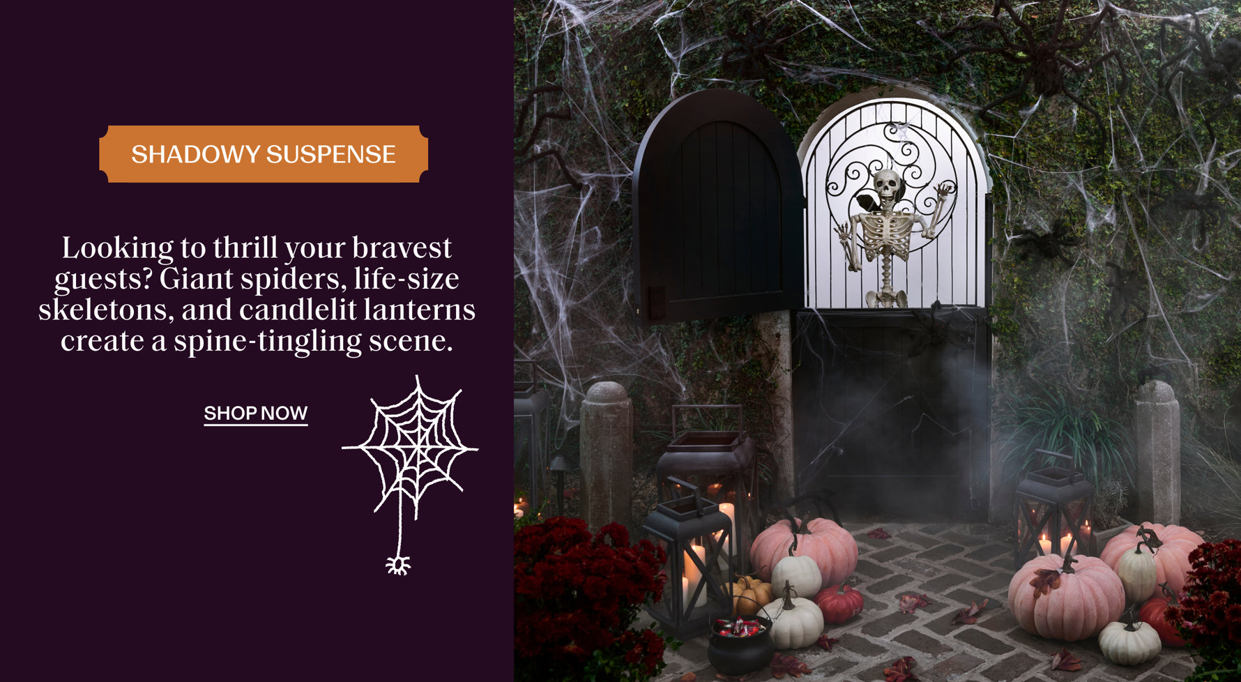 Shadowy Suspense: Looking to thrill your bravest guests? Giant spiders, life-size skeletons, and candlelit lanterns create a spine-tingling scene. Shop Now.