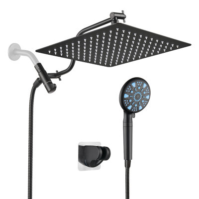 12-Inch Raincan Shower Heads with 9-Setting Handheld Spray and Adjustable Curved Extension Arm Combo Matte Black