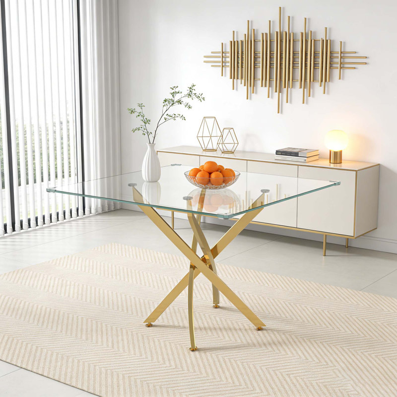 Brintney Contemporary Square Clear Dining Tempered Glass Table with Stainless Steel Legs,dinning table,dining room table