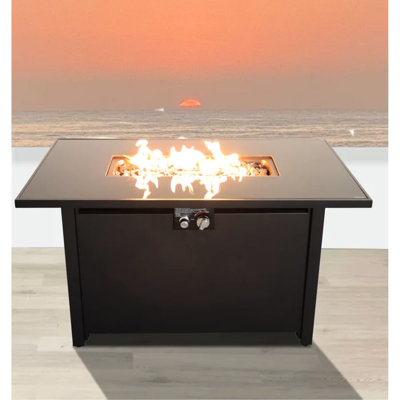 25" H 42" W Steel Outdoor Fire Pit Table With Lid - Stylish Deck Heating Lid, Rust- Steel, Stainless Tabletop, Included Lava Rocks, Side Door For Gasoline, Ignition Control, Protective Cover, Black X