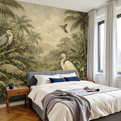 Papier peint à peler et coller, palmiers de la jungle tropicale, oiseaux exotiques, verdure dense, peintures murales de style rétro, papier peint amovible en PVC, H 100 po x l 144 po, pour chambre à coucher, bureau à domicile
