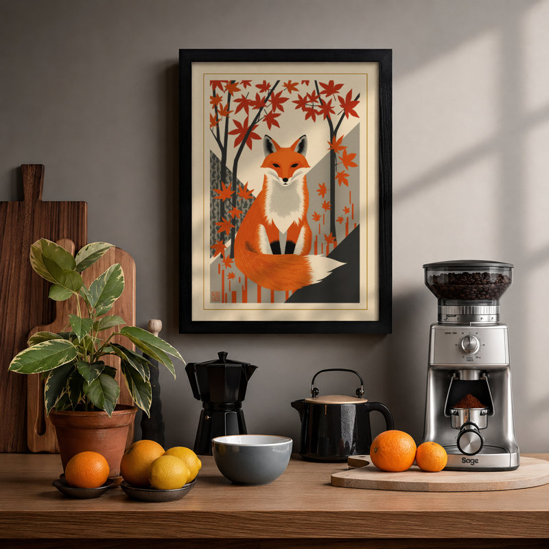 Fox Among Maples Japandi - Framed Print, A1 - 84.1 x 59.4 cm, Black