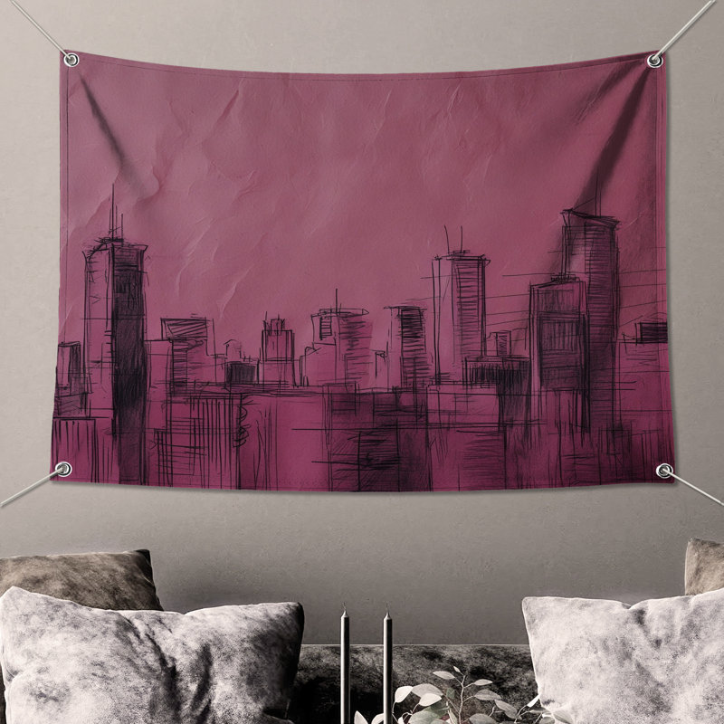 Tapisserie murale "Ville rose" - Décoration murale architecture, 104 po H x 88 po avec 4 œillets