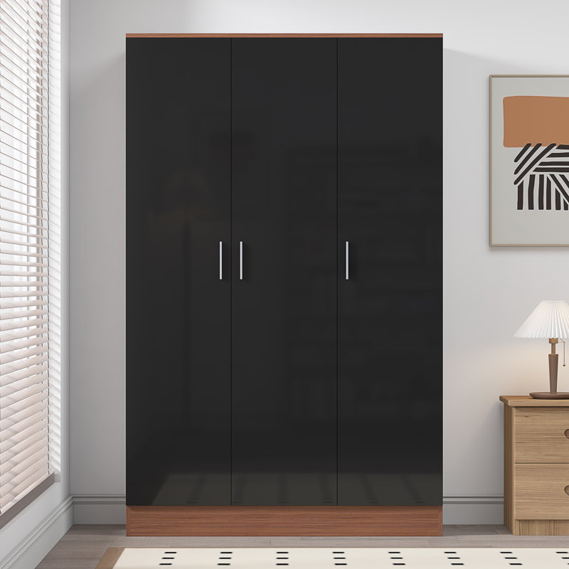 Eva High Gloss Plain 3 Door Wardrobe - H: 180cm x D: 47cm x W: 113cm, Walnut/Gloss Black