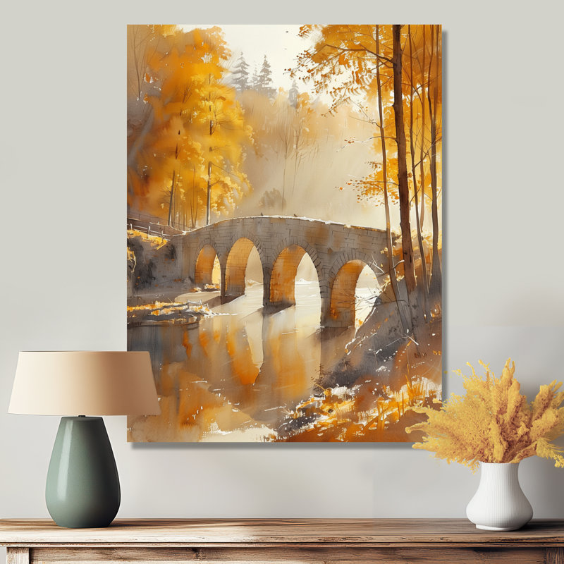 Jaune et jaune, automne, rivière de beauté III, pont, art mural, Toile tendue, H 12 po x l 20 po