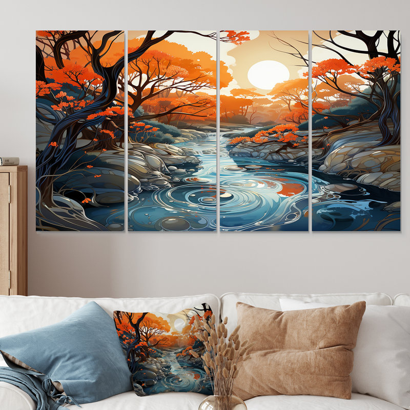 Décoration murale orange et bleue, rivière sereine II - forêt rivière, 4 pièces, H 28 po x l 48 po