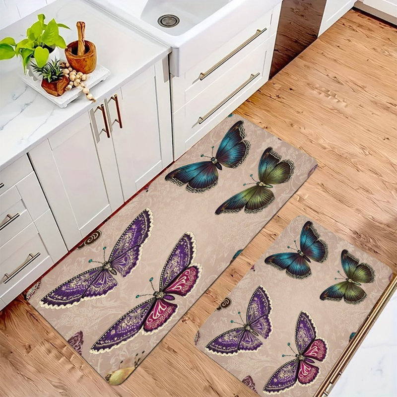 Tapis de cuisine antidérapant mauve et bleu papillon, 2 pièces