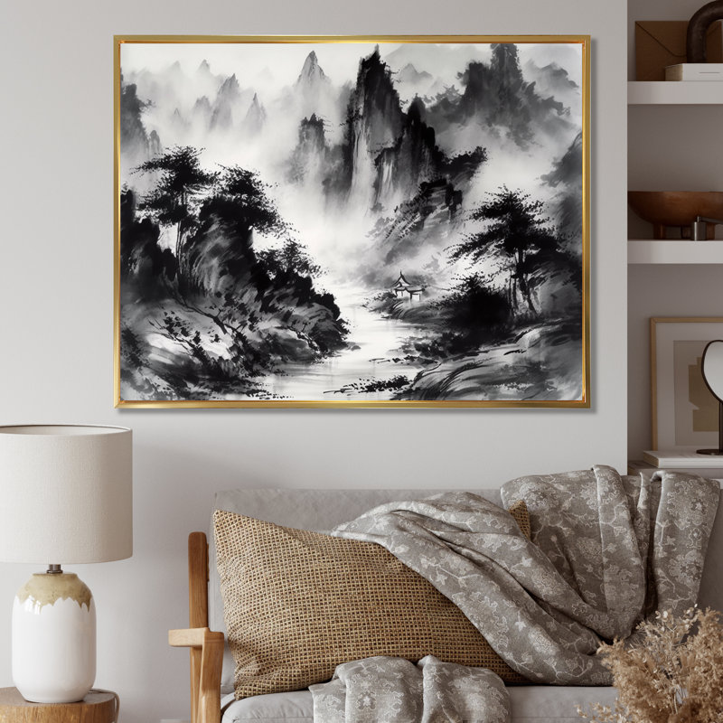 «Black and White Asia Mountains II», reproduction sur toile encadrée, H 34 po x l 44 po x P 1,5 po, Cadre flottant doré