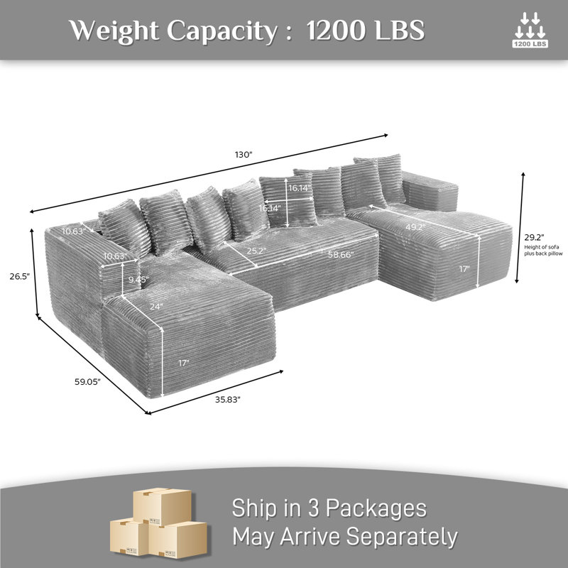 Adame Boneless Compression Sectional Oversized Sofa Couch With Pillows, Black, U-Shaped, Symmetrical