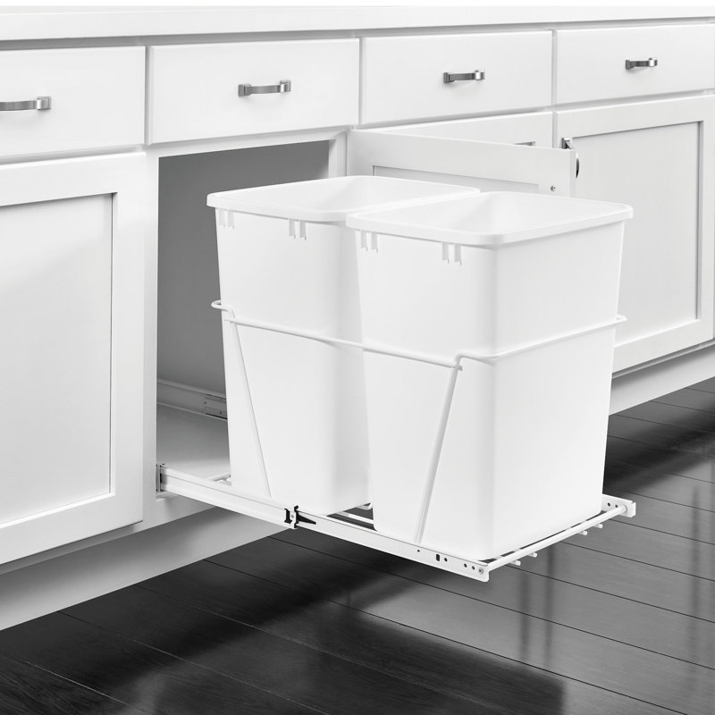 Rev-A-Shelf White Steel Pullout Trash Can with Single Waste Container for Kitchen Base Cabinets, 8.75 gal, 2