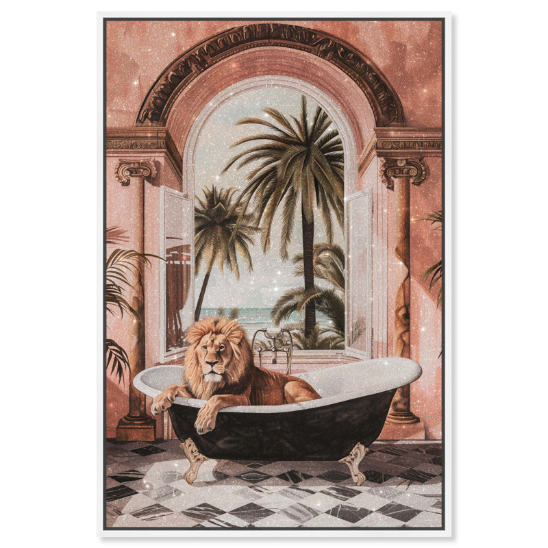 «Sleeping Lion Bath» par Art Remedy, Cadre blanc, H 16 po x l 11 po