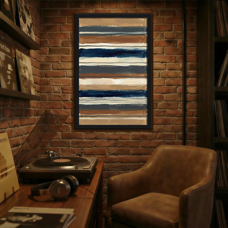 Rayures horizontales abstraites dans des tons de terre et bleu marine, H 24 po x l 16 po