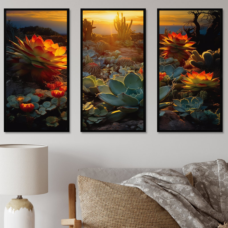 «Succulent Desert Cactus Field Burning Sunset» - ensemble d'art mural succulent, Cadre flottant noir