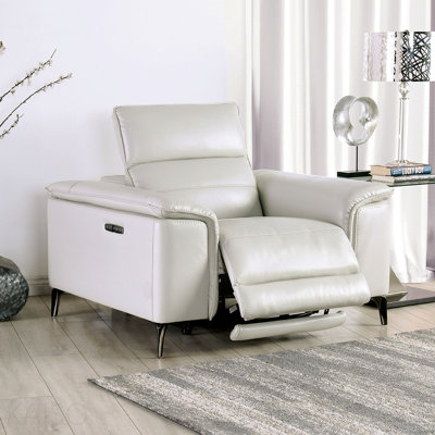 Fauteuil inclinable électrique de style contemporain au fini taupe clair avec accoudoirs coussinés et repose-pieds en métal