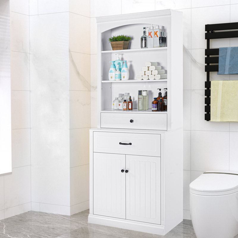 Armoire de rangement pour salle de bain avec 2 portes, tiroirs, tablette réglable et 3 tablettes ouvertes