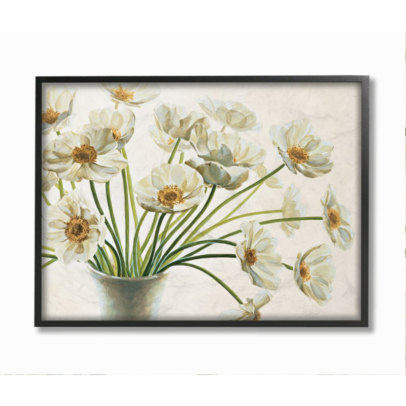 «Peaceful Poppies White Florals» par Eva Barberini - impression d'art graphique, Giclée encadrée noir minuit