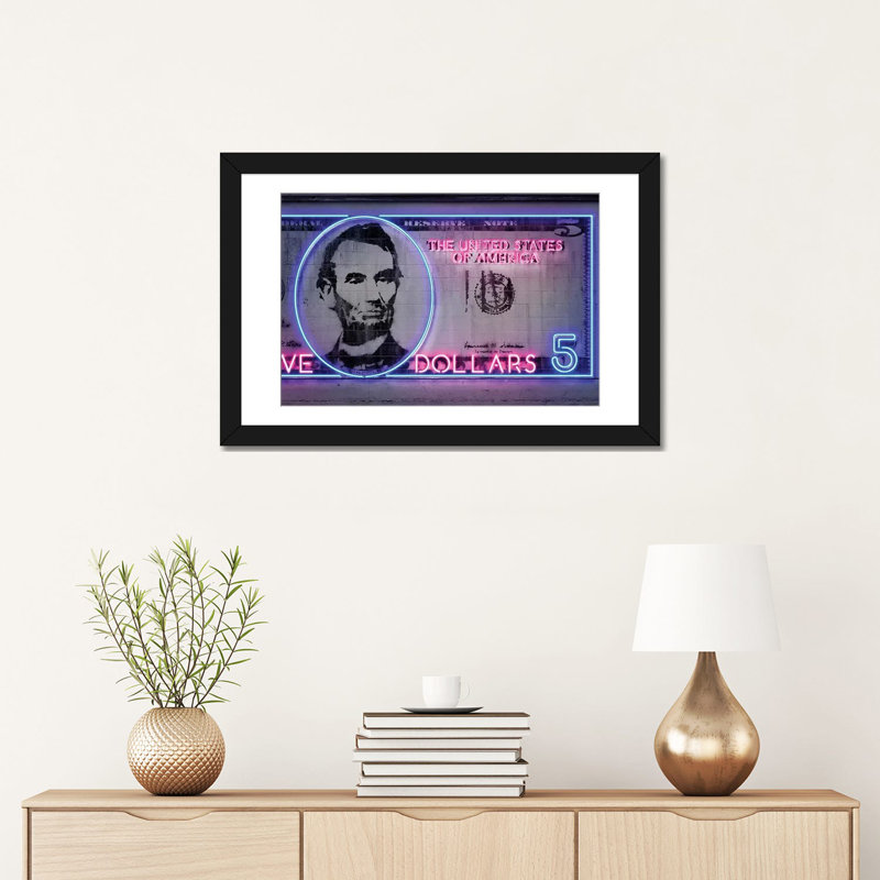 «5 Dollars Octavian Mielu», reproduction d'art sur toile tendue, H 16 po x l 24 po x P 1 po, Papier d'art encadré noir, Blanc