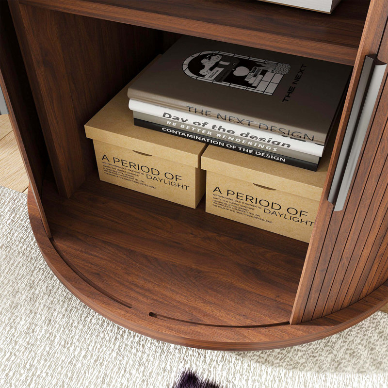 Walnut Cylindrical Mid-Century Nightstand, Sliding Door 2-Tier Storage Round Bedside Table With Charging Station