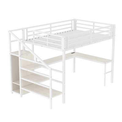 Grand lit mezzanine avec bureau en L, port USB, garde-robe, tablette et DEL, lit mezzanine en bois et en métal pour adolescents, enfants