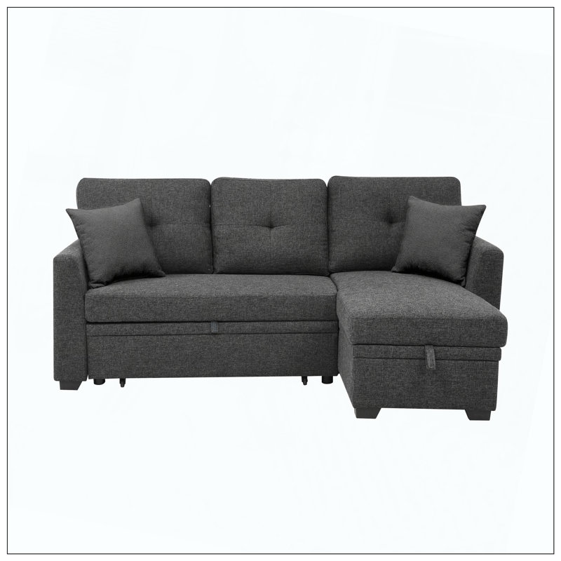 Linen Blend Upholstered Sectional Pull-Out Bed Chaise Storage