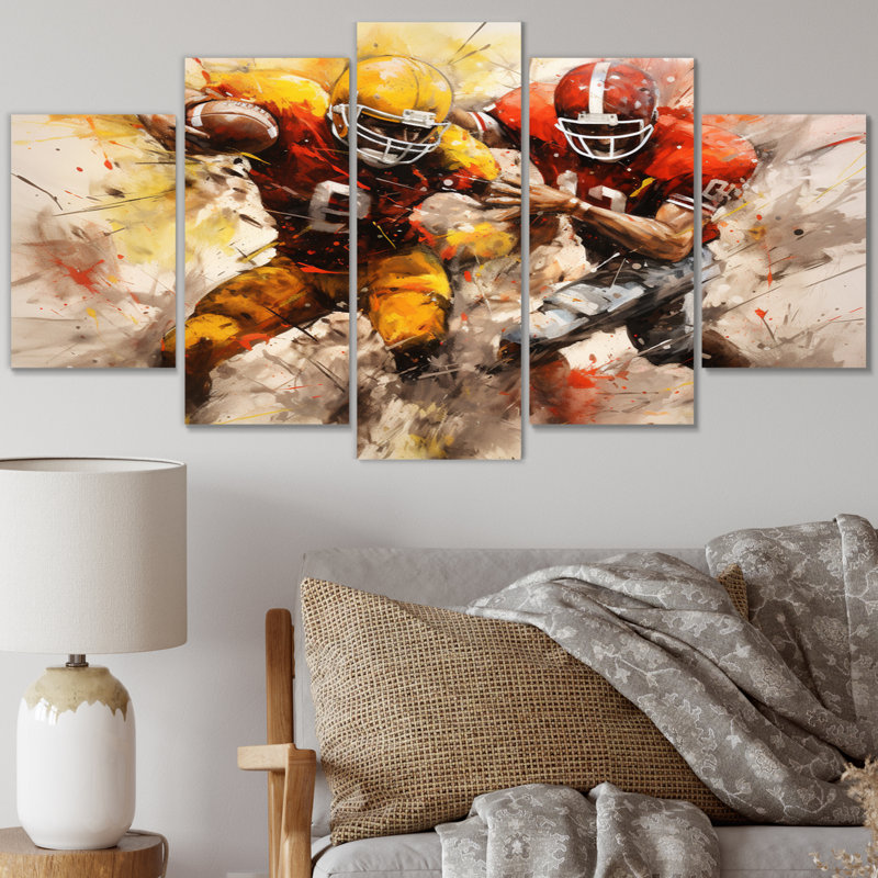 «Yellow Football Abstract Blitz I», reproduction d'art sur toile - 5 panneaux