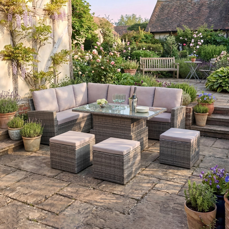 Pelias - Rattan Corner Sofa Set With Rising Table - 8 Seats, Grey, Grey
