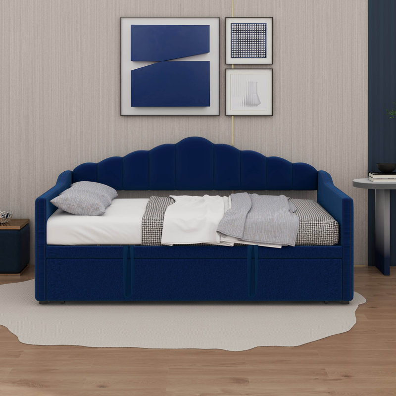 Lit de jour simple avec lit gigogne escamotable à hauteur réglable et port de charge USB et Type-C, structure de lit de jour avec 2 poches latérales