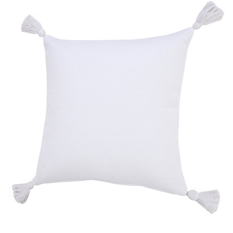 White Cotton Square Throw Pillow with Tassels