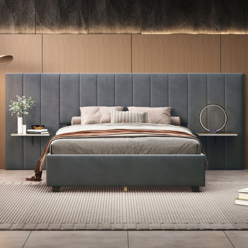 Upholstered Panel Headboard Bed With 2 Shelves, Queen, Gray