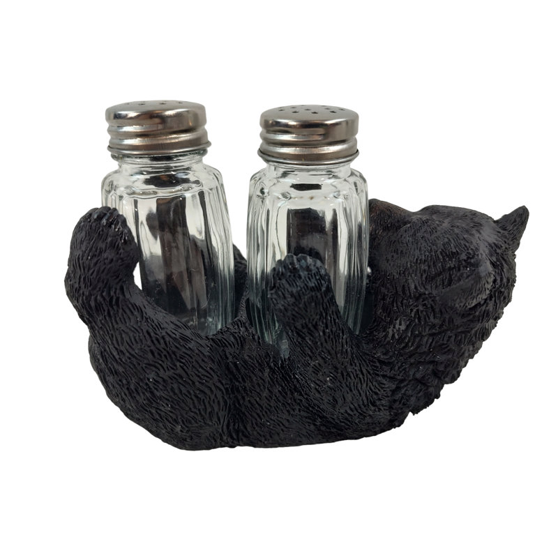 Rustic Black Bear Cub Polyresin Salt and Pepper Shaker Holder Set