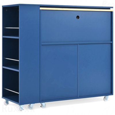 Rolling Kitchen Island With Extended Table, Kitchen Island On Wheels With Led Lights,Power Outlets And 2 Fluted Glass Doors, Kitchen Island With A Storage Compartment And Side 3 Open Shelves, Navy