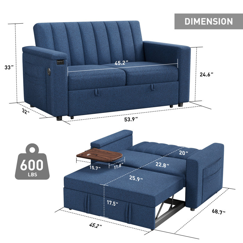 Brittany Tufted Sofa Table Cloud Couch with Charging  and Storage Pockets, Blue