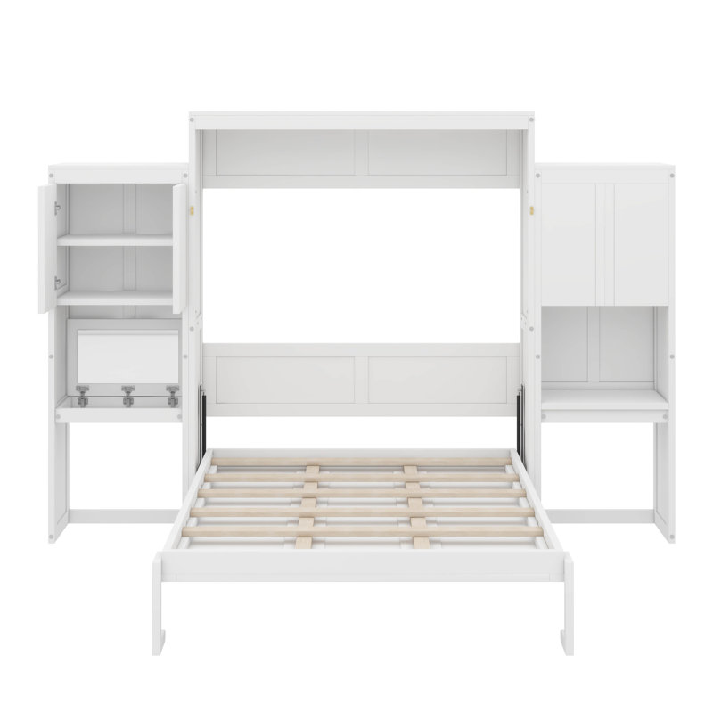 Grand lit escamotable avec bureau, coiffeuse et armoires, Blanc